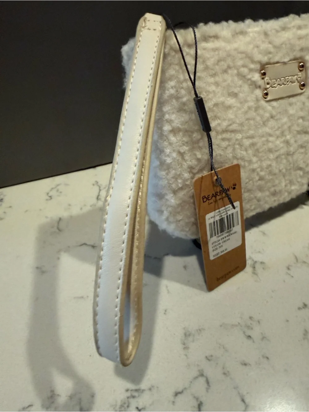 BearPaw Cream Sherpa Wristlet Clutch with Gold Plaque